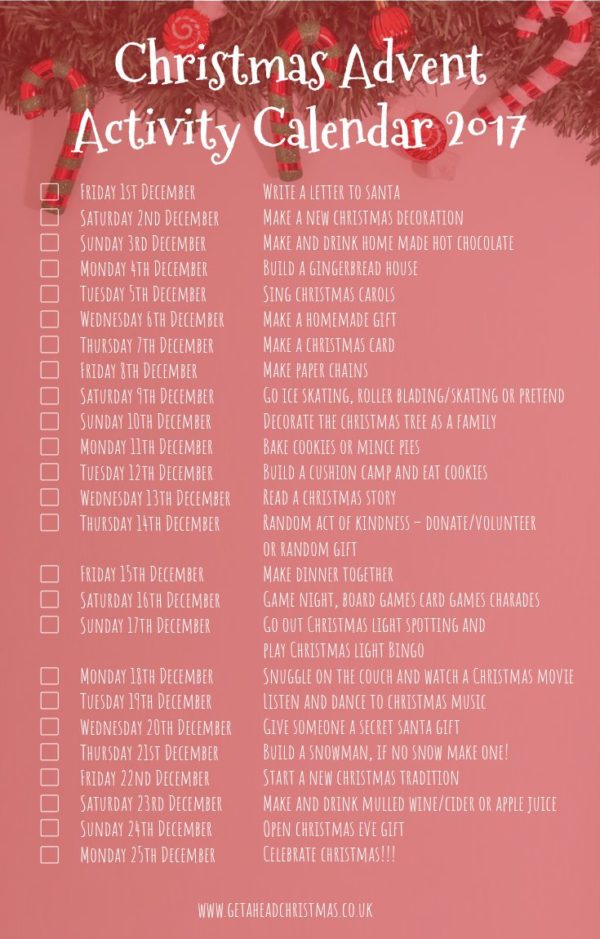 Christmas Advent Activity Calendar 2017 Get Ahead Christmas