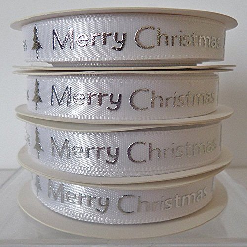 Christmas Ribbon WHITE WITH SILVER MERRY CHRISTMAS ~ 5 yards (4.5 ...
